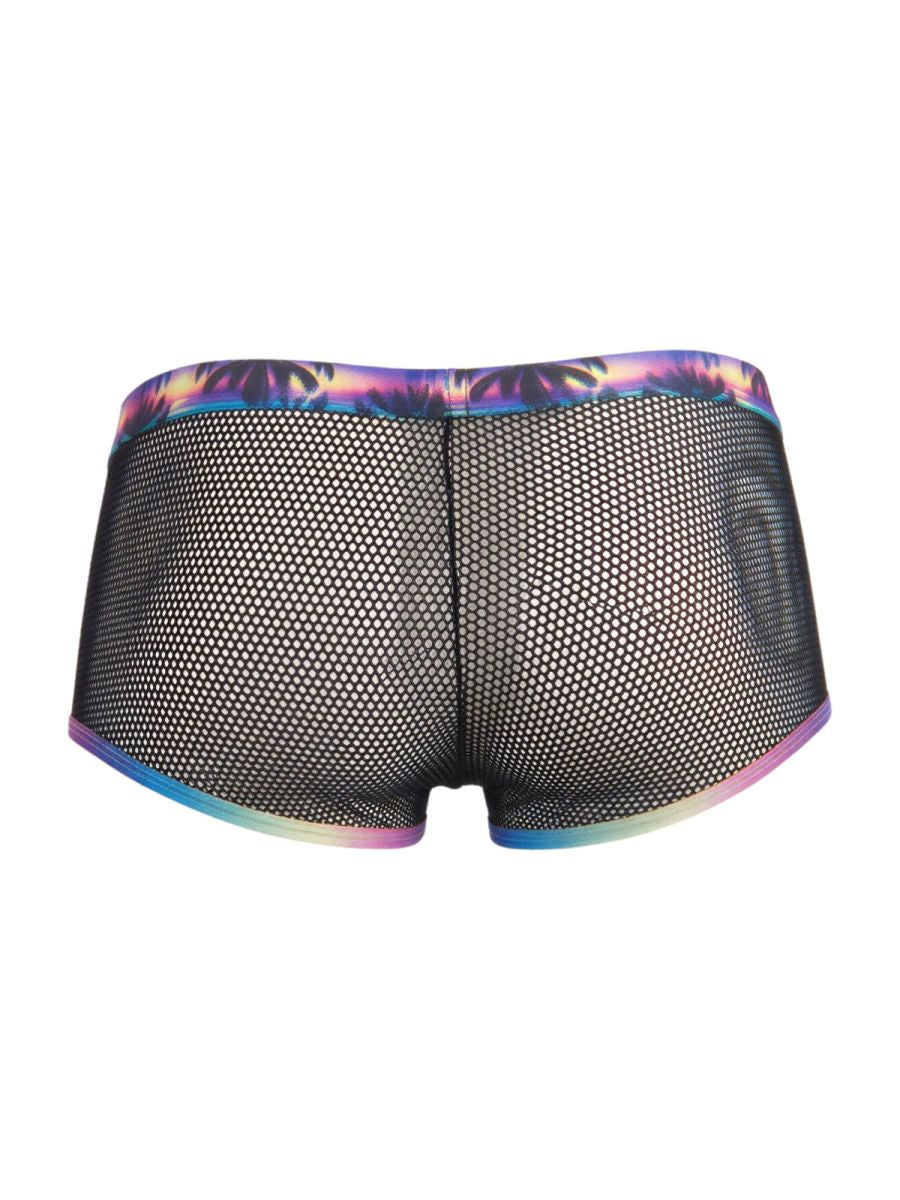 CandyMan 99934 black mesh briefs with vibrant iridescent rainbow trim on waistband and leg openings front view