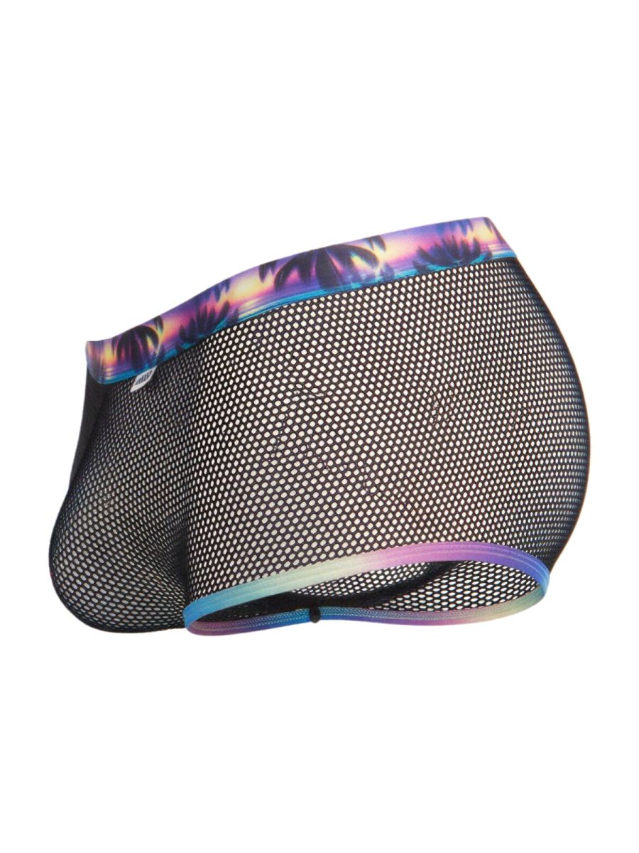 Black mesh CandyMan 99934 swim trunks with vibrant tropical purple blue and pink palm tree trim on waistband and legs