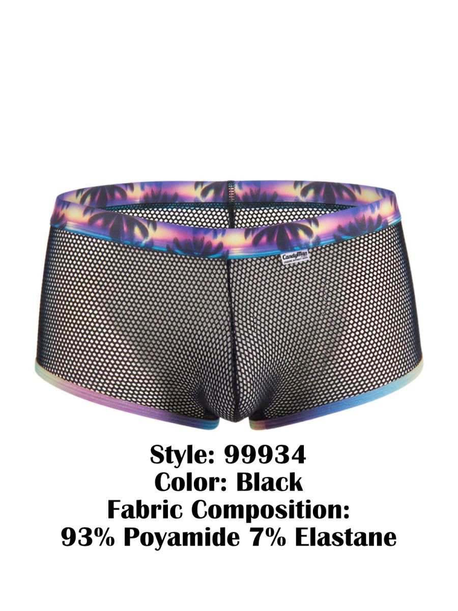Black mesh CandyMan 99934 trunks with vibrant purple blue and pink tropical palm tree pattern on waistband