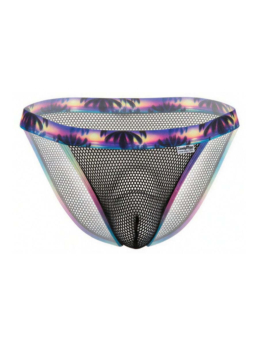 Black mesh CandyMan 99935 briefs with vibrant tropical sunset pattern on the waistband for swimwear use