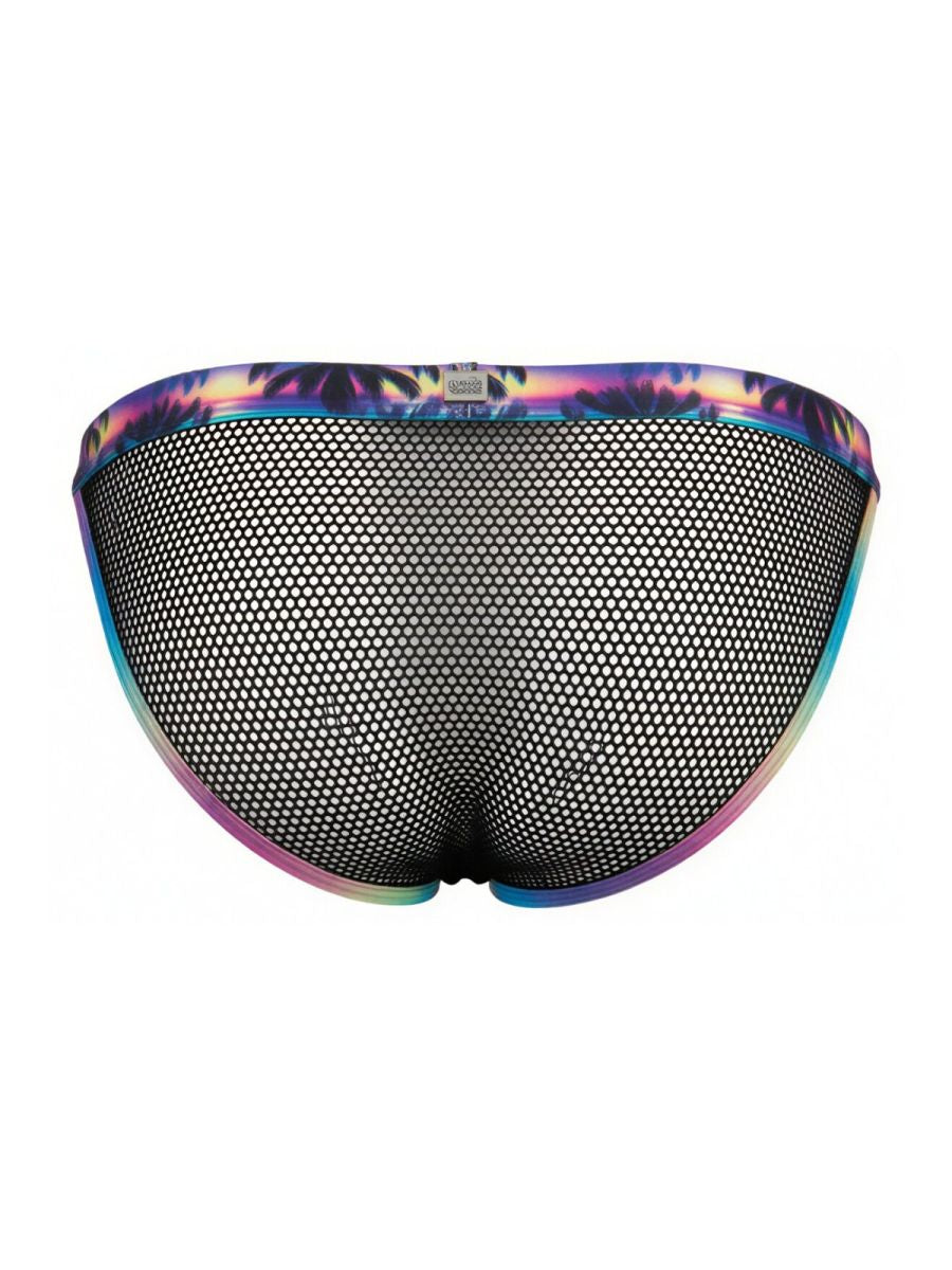Black mesh CandyMan 99935 briefs with vibrant iridescent rainbow trim and palm tree patterns