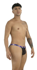 Purple and black patterned mesh CandyMan 99935 briefs thong with decorative waistband in black shown from front