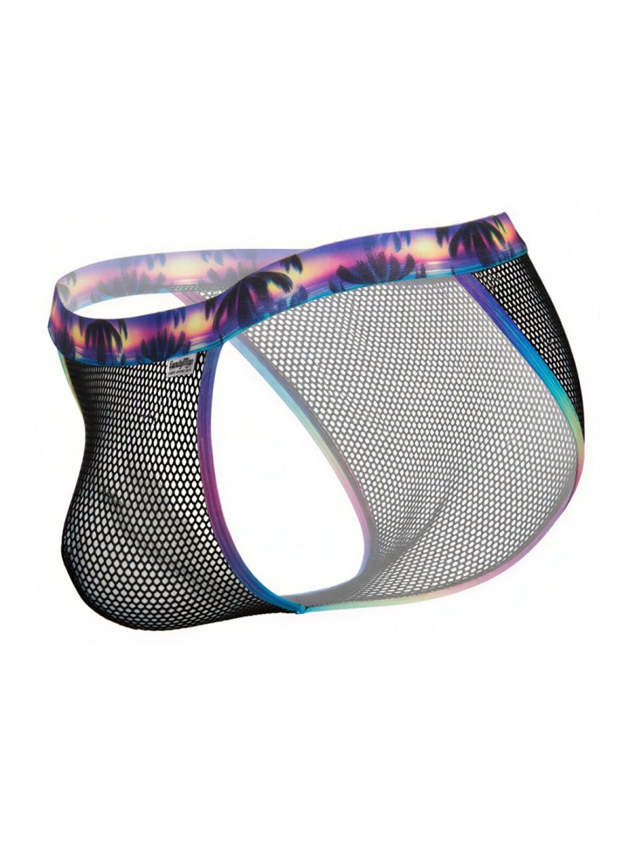 CandyMan 99935 briefs in black mesh with tropical sunset palm pattern waistband and iridescent rainbow trim
