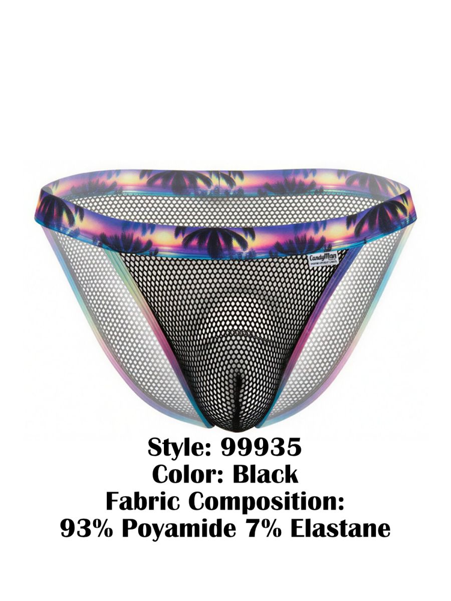 CandyMan 99935 black mesh briefs with vibrant tropical sunset and palm tree pattern on waistband