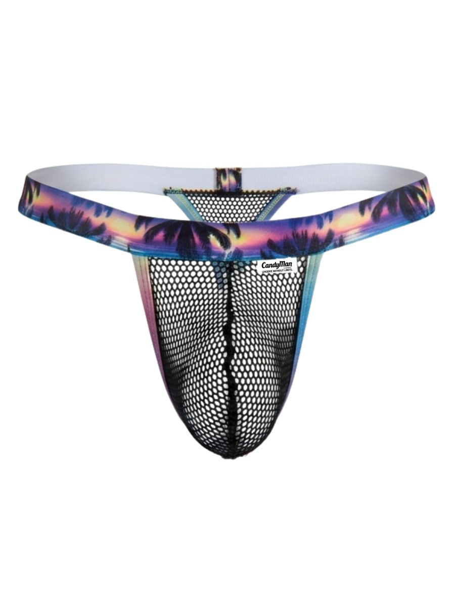 CandyMan 99936 black mesh thong with vibrant tropical sunset waistband featuring palm trees and gradient hues