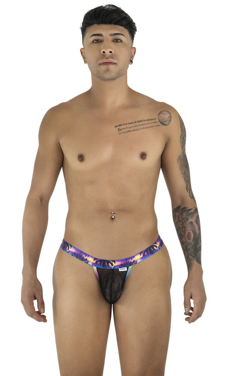 CandyMan 99936 thong with purple and blue tropical print and black mesh front panel in black color