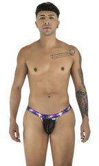 CandyMan 99936 thong with purple and blue tropical print and black mesh front panel in black color