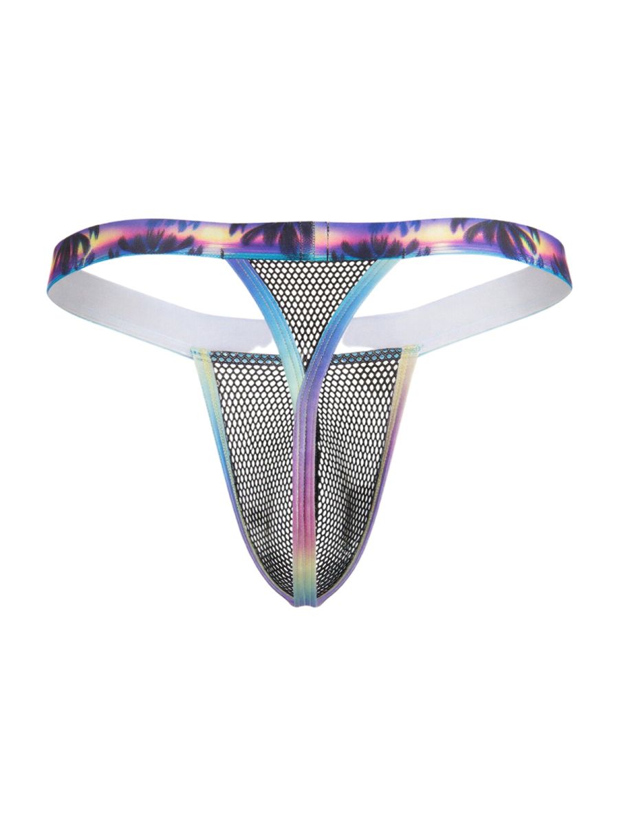 CandyMan 99936 black mesh thong with vibrant rainbow-gradient tropical palm tree pattern on elastic waistband
