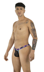Candyman 99936 thong in black featuring purple and blue galaxy-patterned mesh with a black netted front panel
