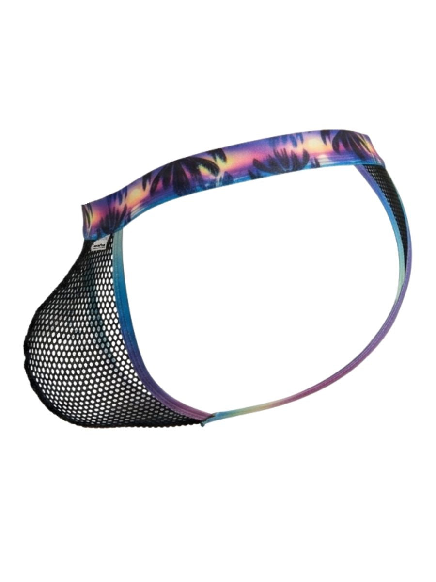 Black mesh CandyMan 99936 thongs with a vibrant tropical sunset pattern on the waistband front view