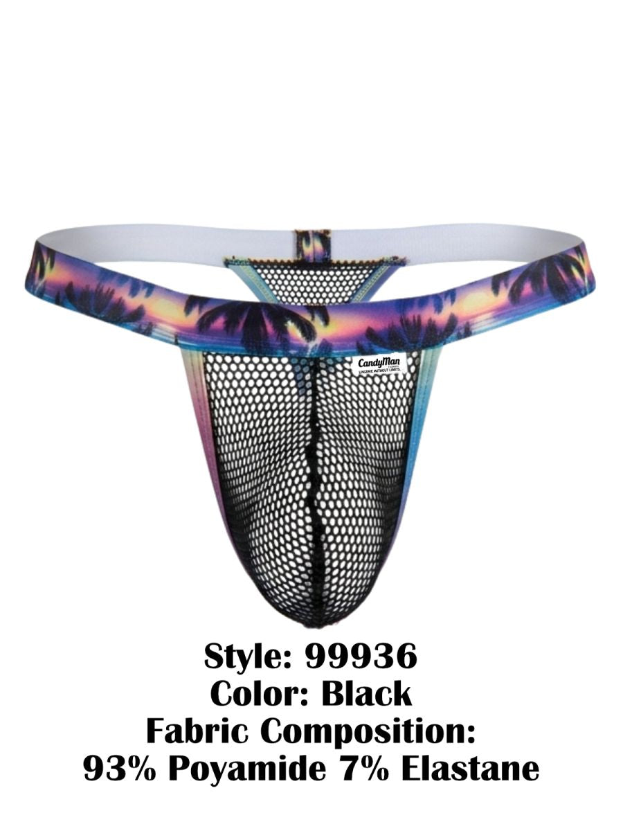 Black mesh thong by candyman with vibrant tropical palm tree waistband and white inner lining from candyMan 99936 collection