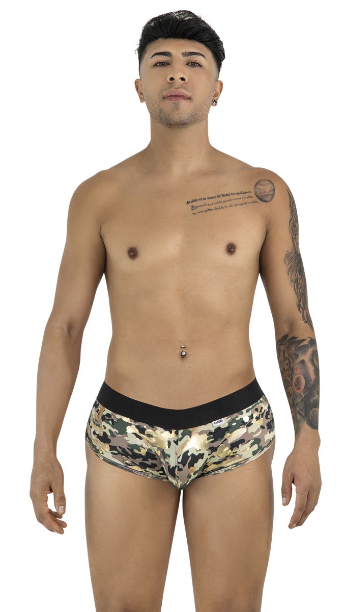 Camouflage patterned briefs with a solid black waistband candy man 99937 trunks color camo for everyday wear