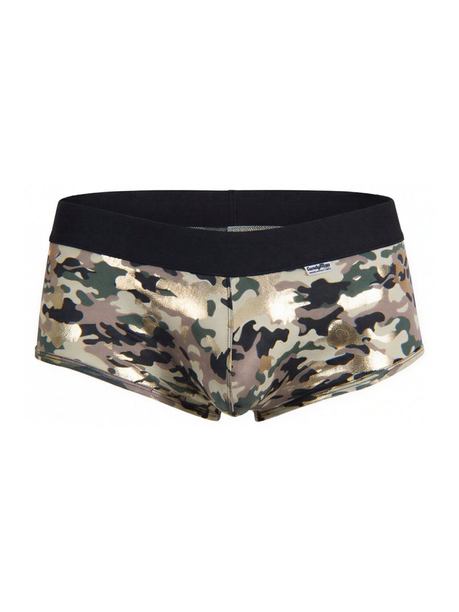 Metallic camouflage-patterned briefs with black elastic waistband candyMan 99937 trunks color camo front view