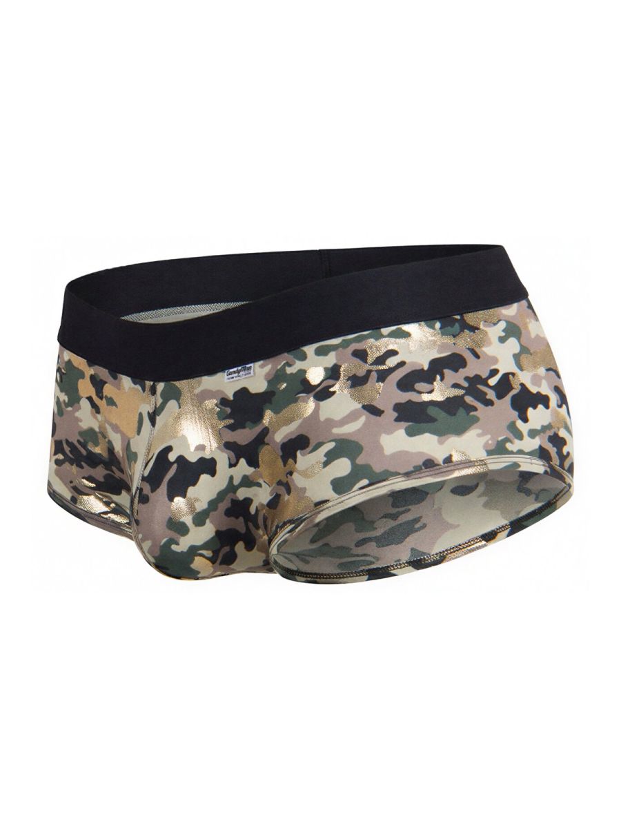 Camouflaged mens briefs camo pattern with black waistband and metallic gold accents candyMan 99937 trunks color camo
