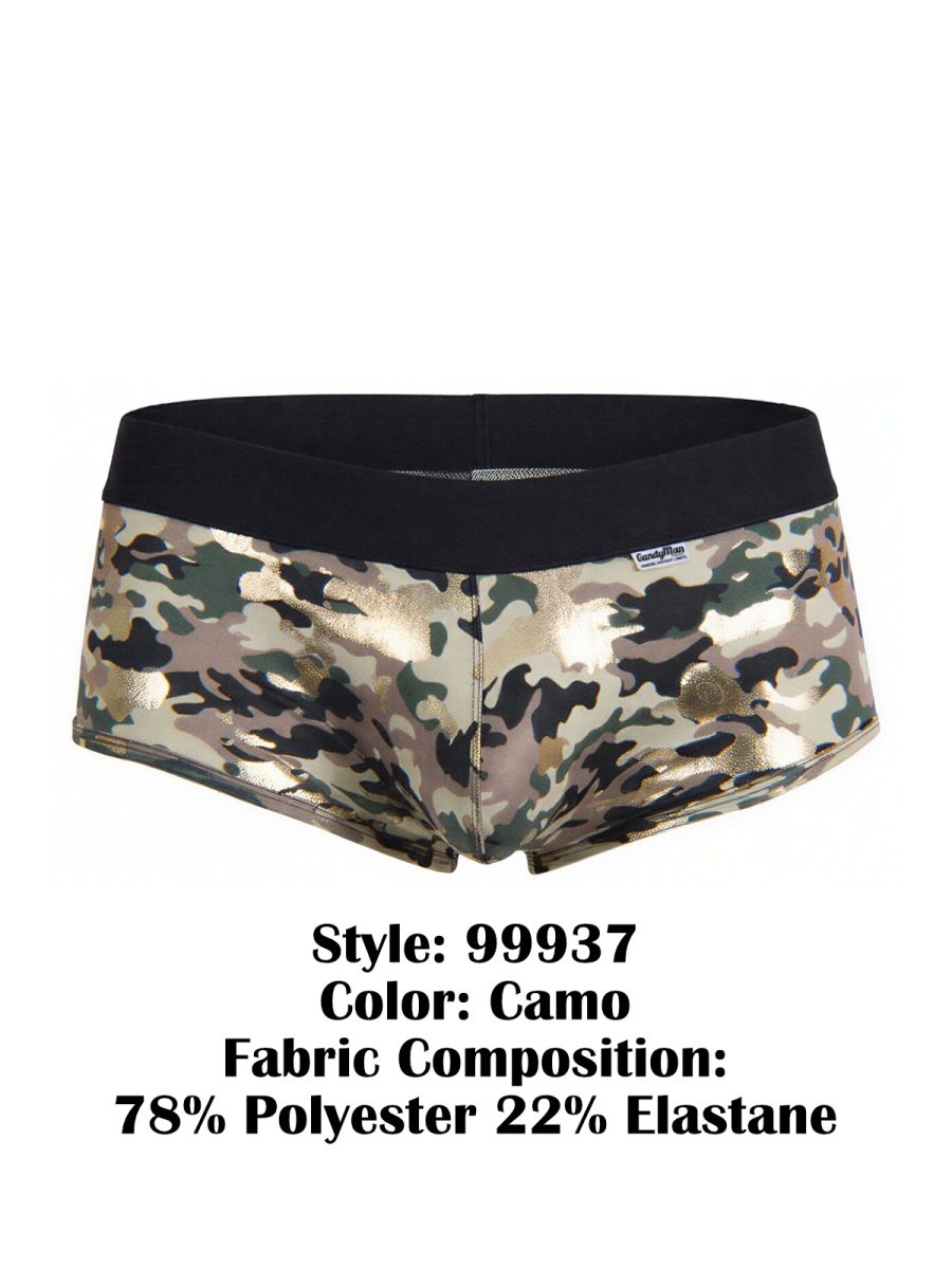 Candyman 99937 trunks camouflage briefs with black elastic waistband and metallic gold accents front view