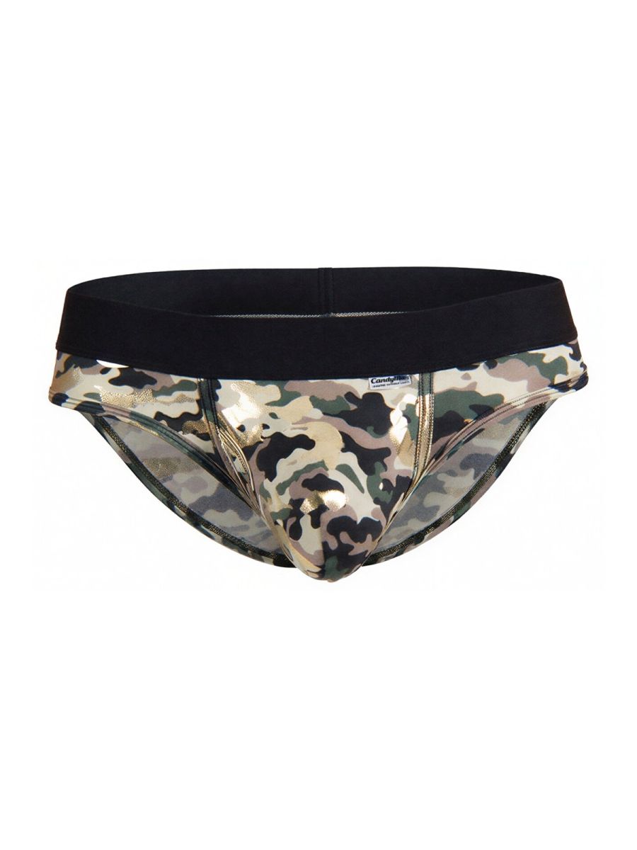 Camouflage patterned candyman 99938 men’s briefs with black elastic waistband and metallic gold accents