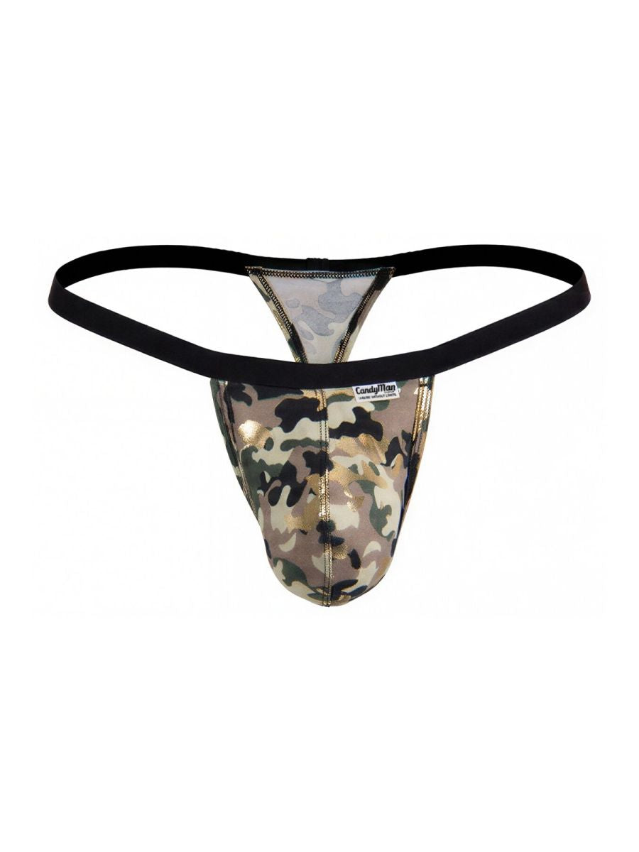Candyman 99939 men’s camouflage thong with black elastic waistband and metallic gold trim front side view