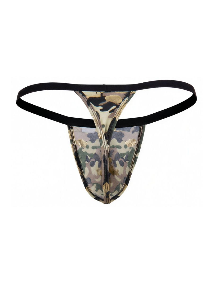 CandyMan 99939 thong in camouflage with black elastic waistband and metallic zipper detail viewed from back side