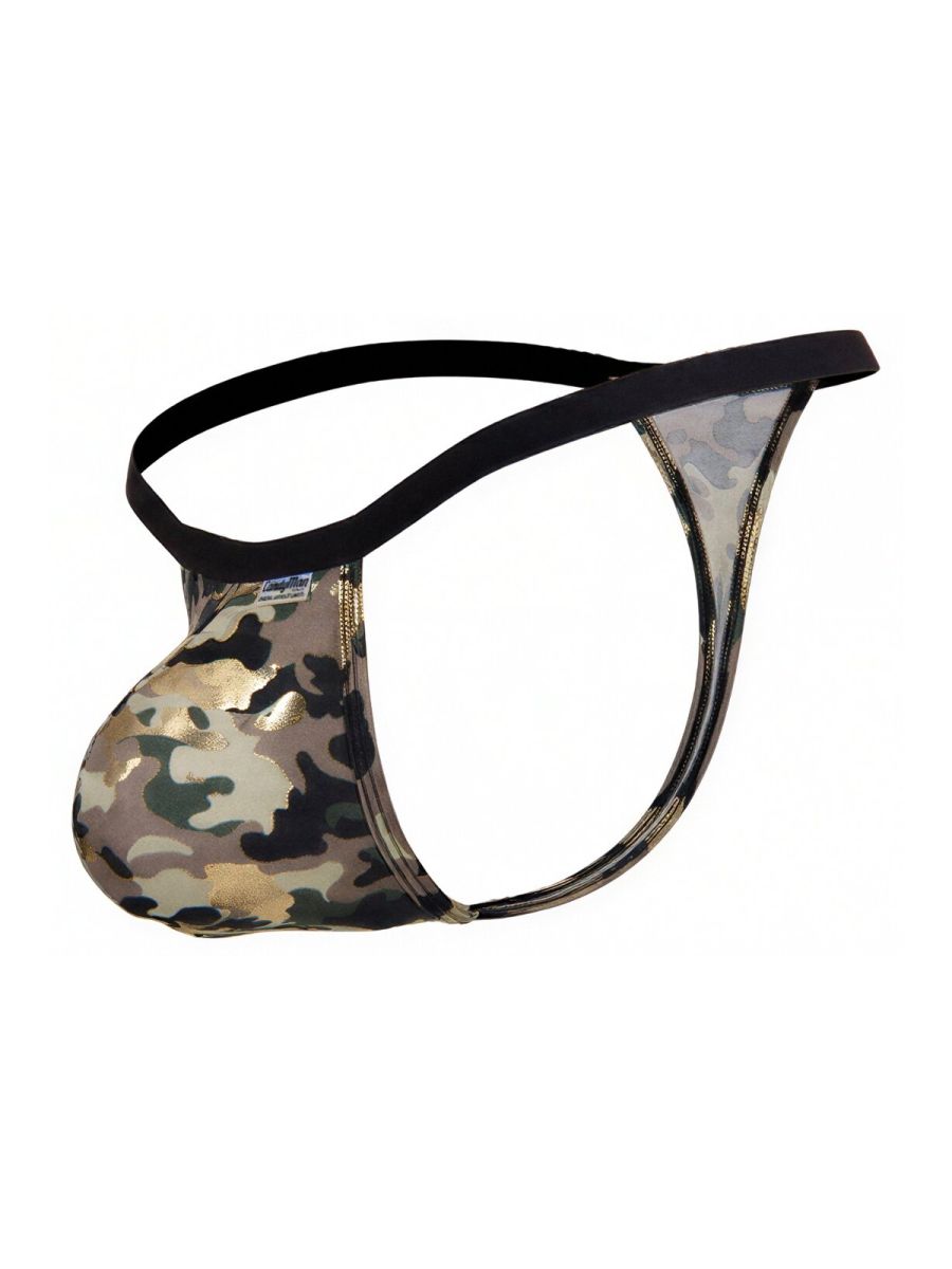 CandyMan 99939 thong in camouflage pattern with black elastic waistband and gold zipper detail on front side