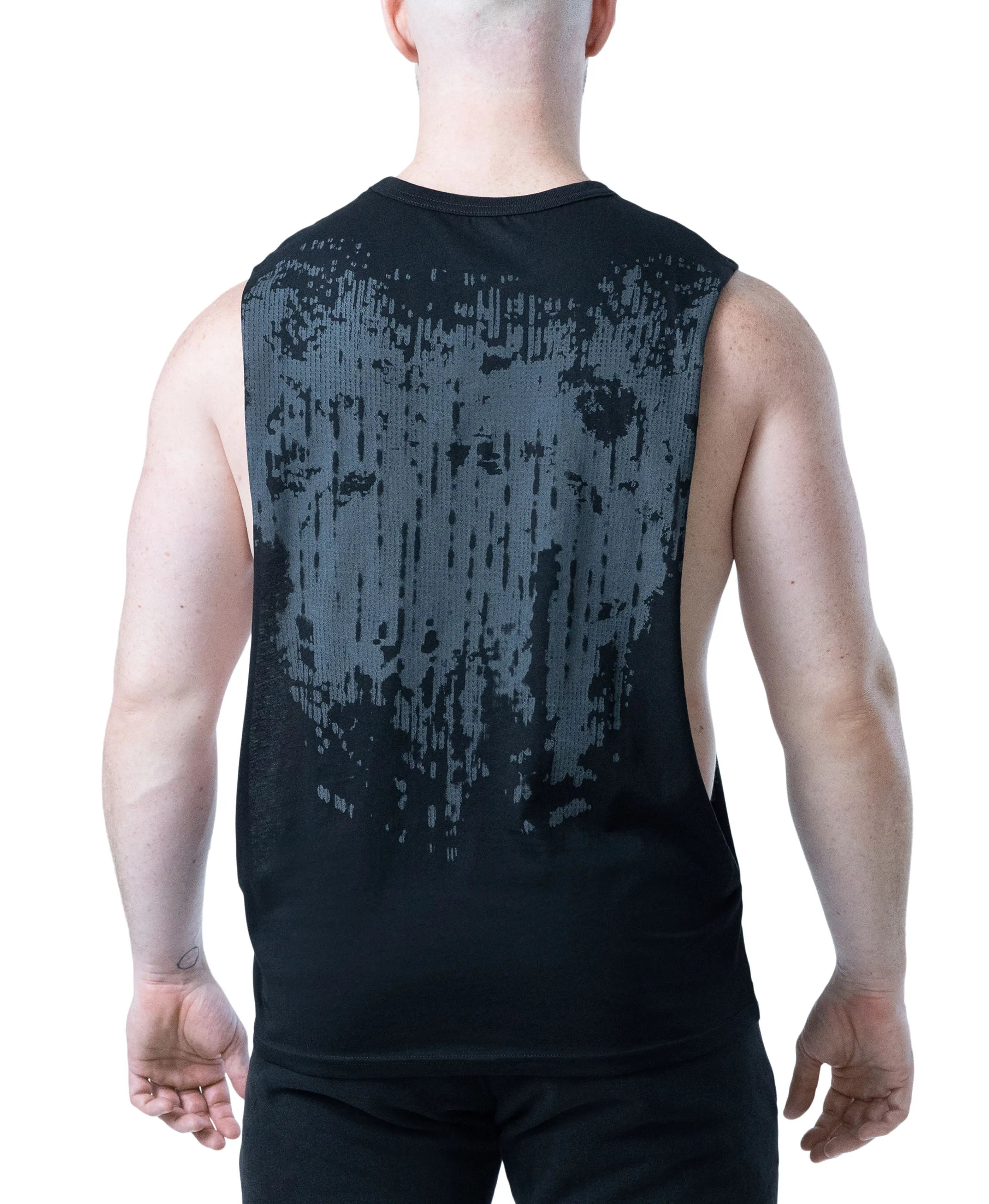 Back view of a person wearing a black sleeveless tank top with a textured gray abstract pattern by Nasty Pig