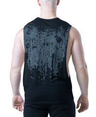 Back view of a person wearing a black sleeveless tank top with a textured gray abstract pattern by Nasty Pig