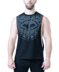 Man wearing black sleeveless tank top with dark gray abstract skull design ribbed texture by Nasty Pig