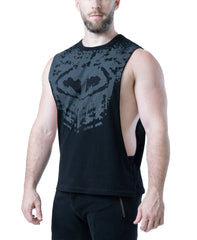 Man wearing black sleeveless tank top with large gray abstract graphic on front by Nasty Pig