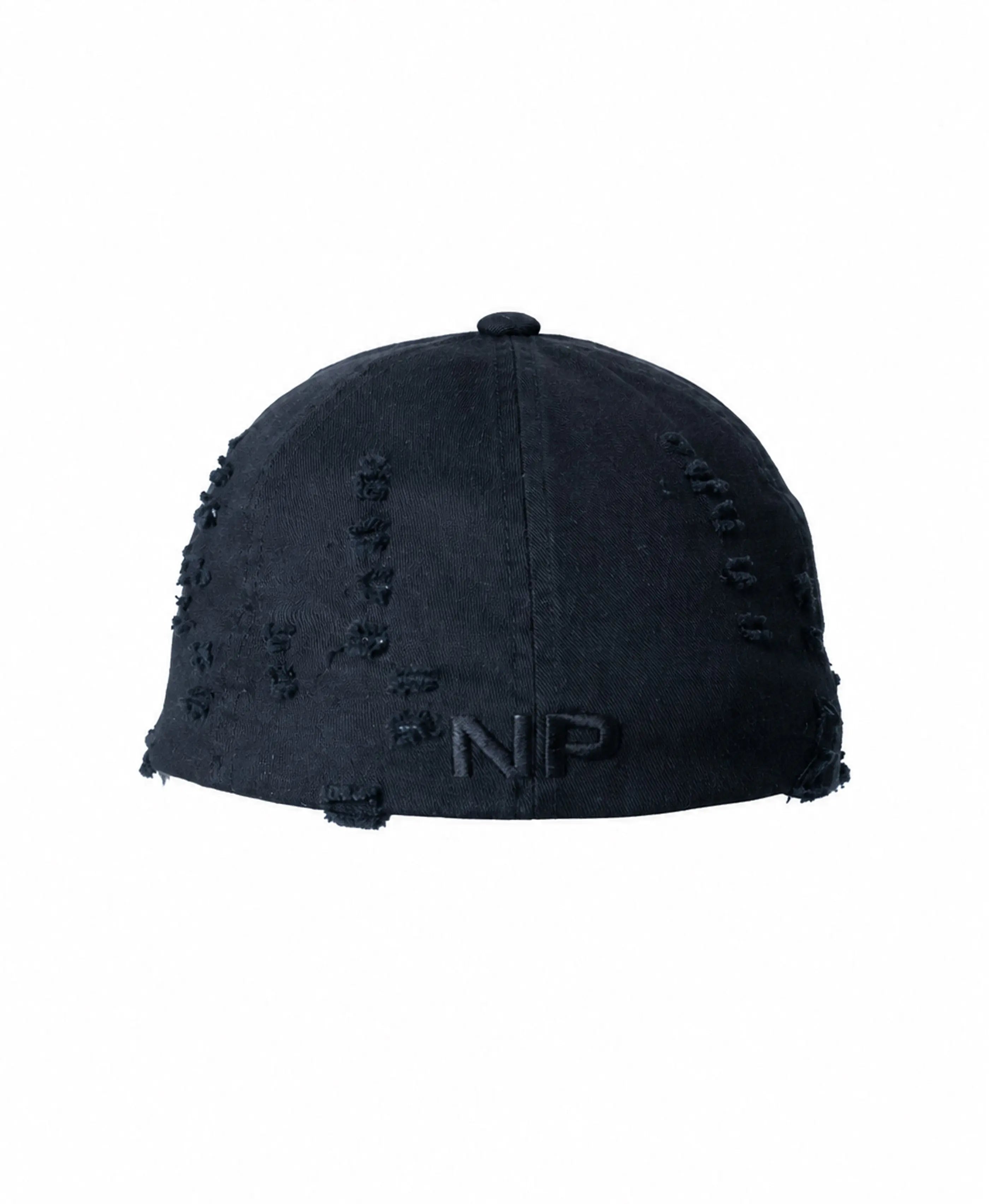 Black distressed baseball cap with embroidered NP logo on back panel by Nasty Pig
