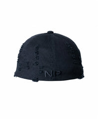 Black distressed baseball cap with embroidered NP logo on back panel by Nasty Pig