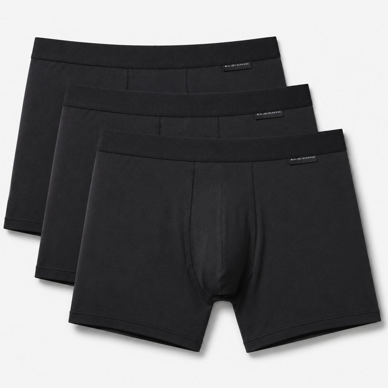 Malebasics classic tripack of black men’s boxer briefs with smooth seamless design and elastic waistband