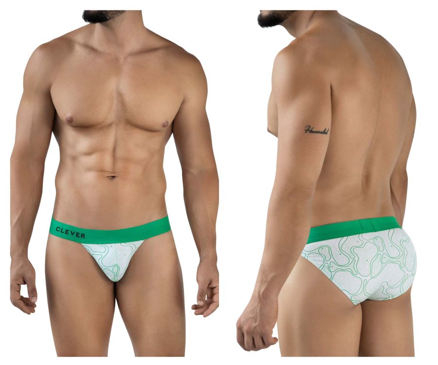 Men’s briefs clever 2057 maze bikini green with white pattern and bold green waistband featuring clever brand name