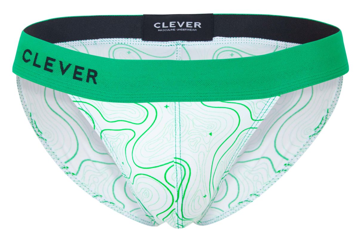 Green and white topographic patterned clever 2057 maze bikini underwear with bold green waistband and brand name