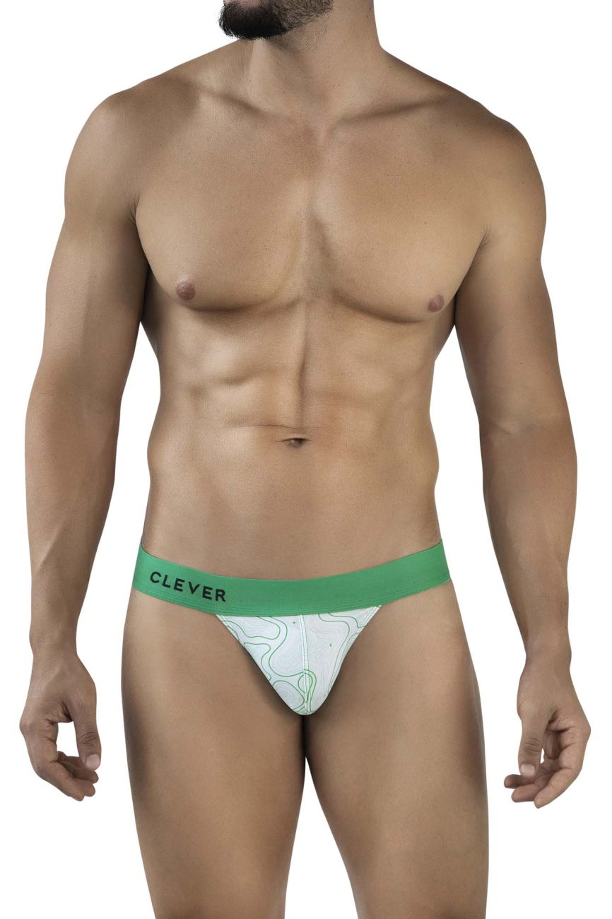 White briefs with a green waistband featuring clever branding and an abstract line pattern from clever 2057 maze bikini color green