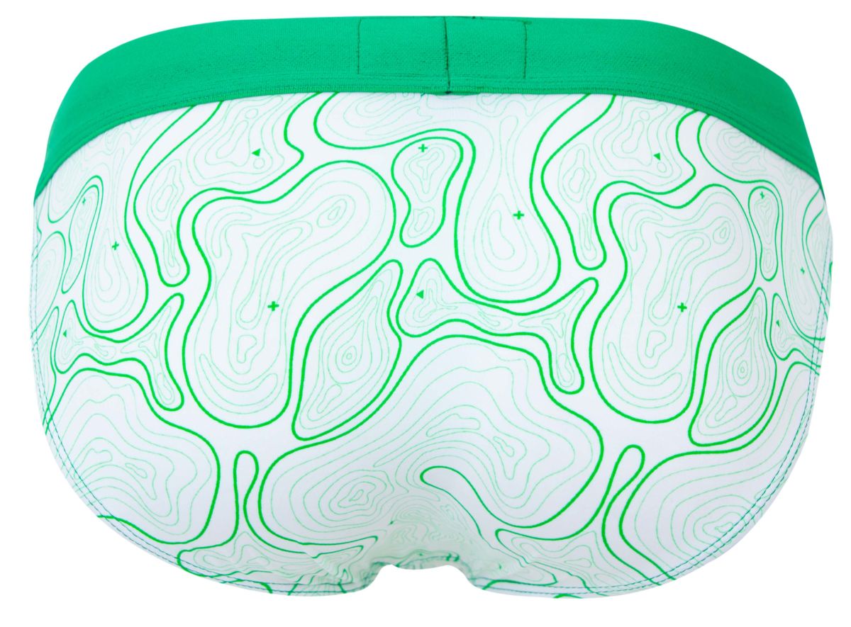 White briefs with a green topographic map pattern and solid green waistband from clever 2057 maze bikini color green line