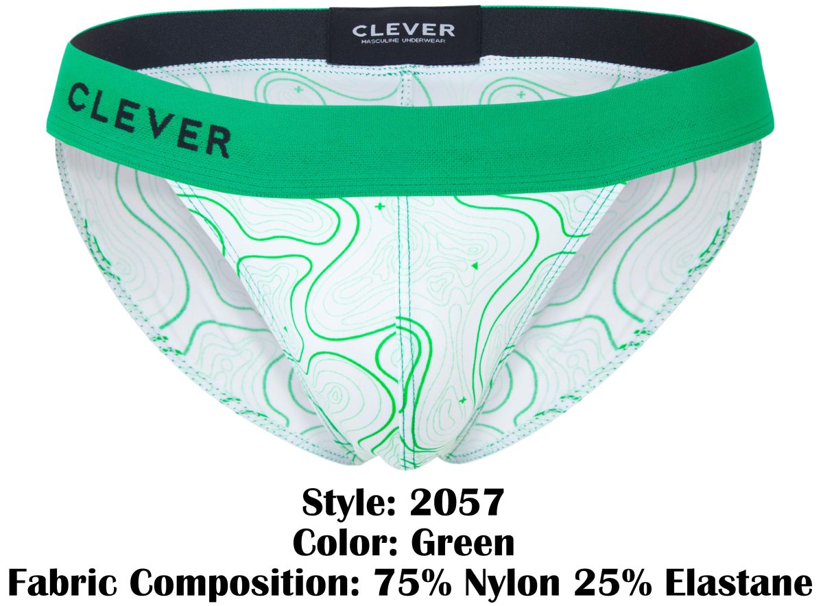 Men’s briefs in green and white maze pattern with bold green waistband featuring clever brand name in color green