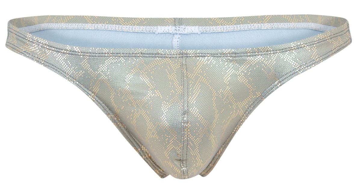 Shiny metallic gold snake skin patterned thong with white lace trim and light blue interior lining from Clever 2063 Diamond Thongs