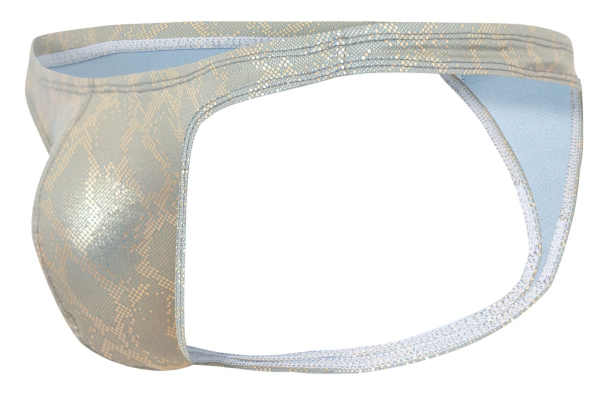 Clever 2063 diamond thong in shimmering silver snake print with light blue lining and gold color accents