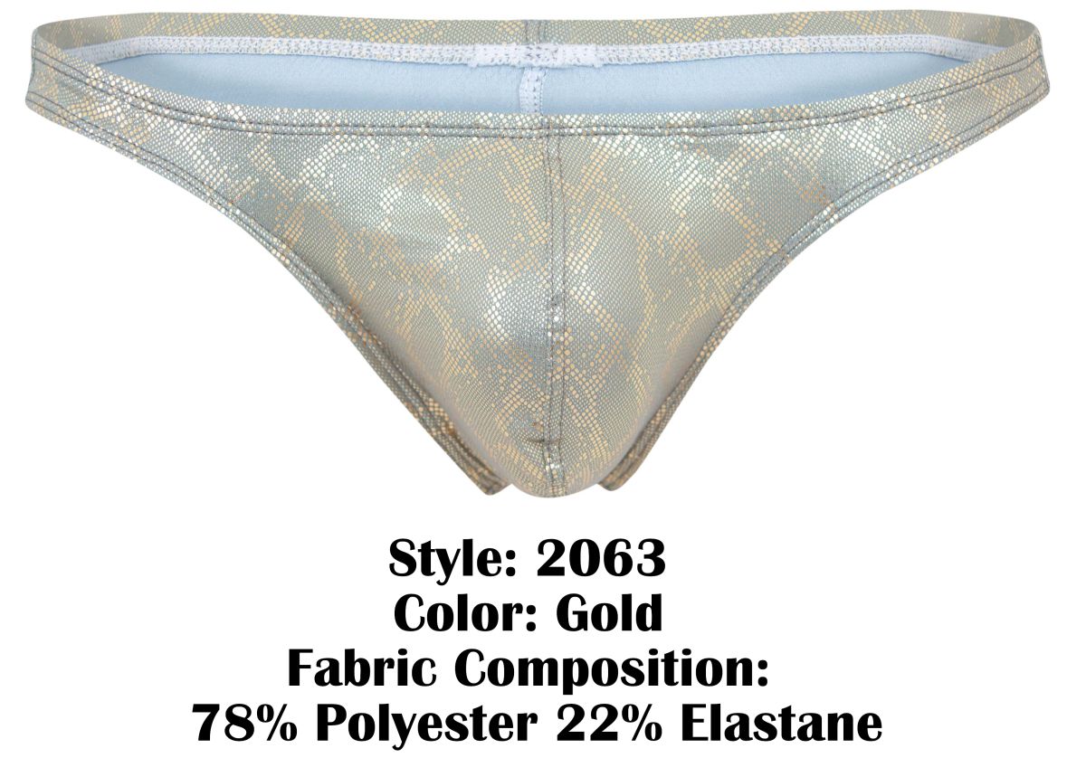 Gold clever 2063 diamond thong with shiny snakeskin pattern made of 78% polyester and 22% elastane fabric