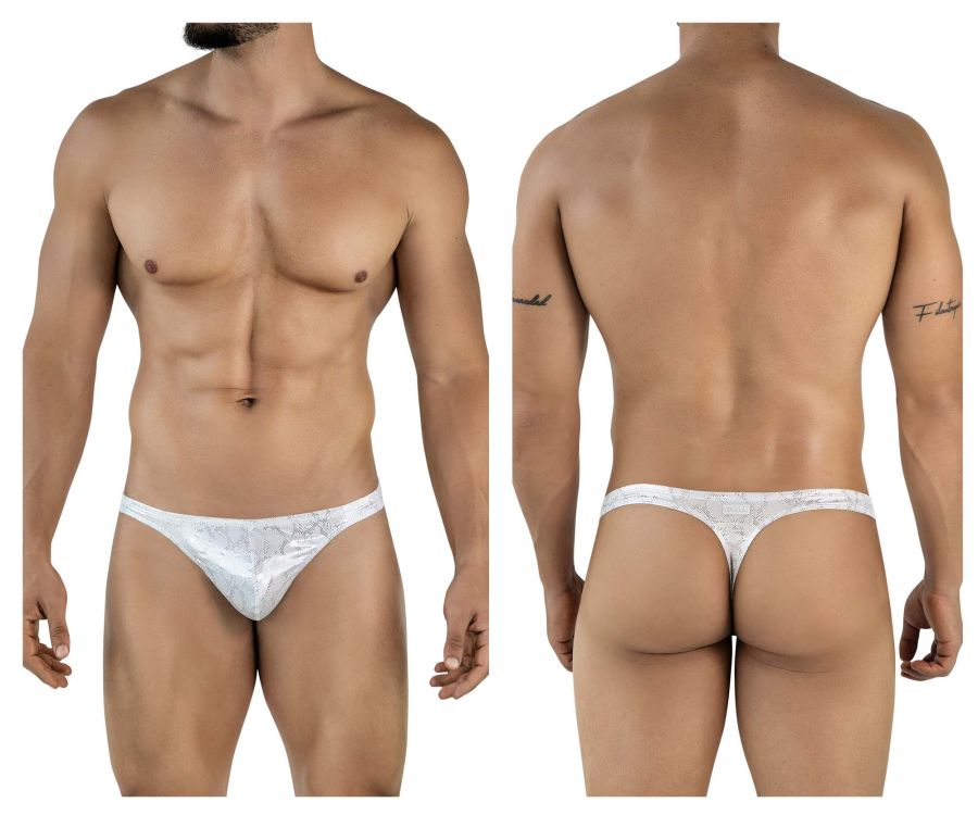White lace Clever 2063 diamond thong in silver with a subtle patterned design shown from the back side