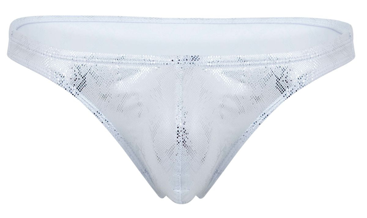 White sequined thong with sheer silver mesh and subtle glittery detailing clever 2063 diamond thongs color silver