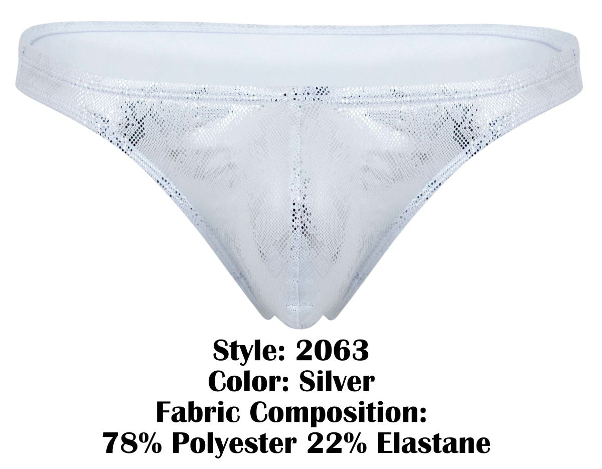 Silver clever 2063 diamond thong with silver lace trim and shimmering mesh texture featuring a subtle pattern