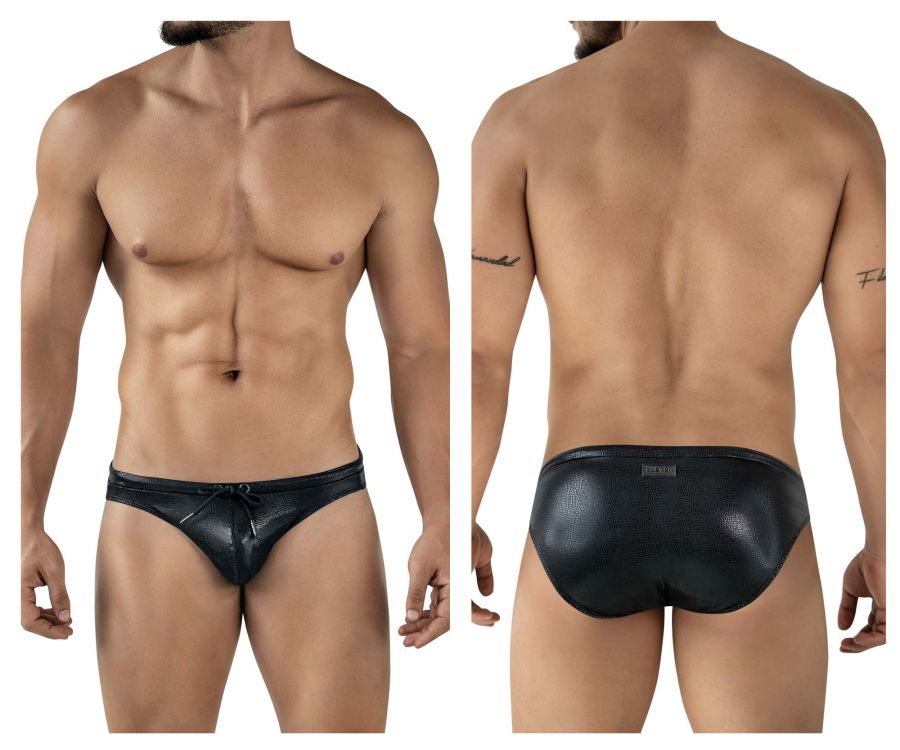 Black leather-textured Clever 2065 Gorgona swim briefs with a drawstring waistband for stylish swimwear use