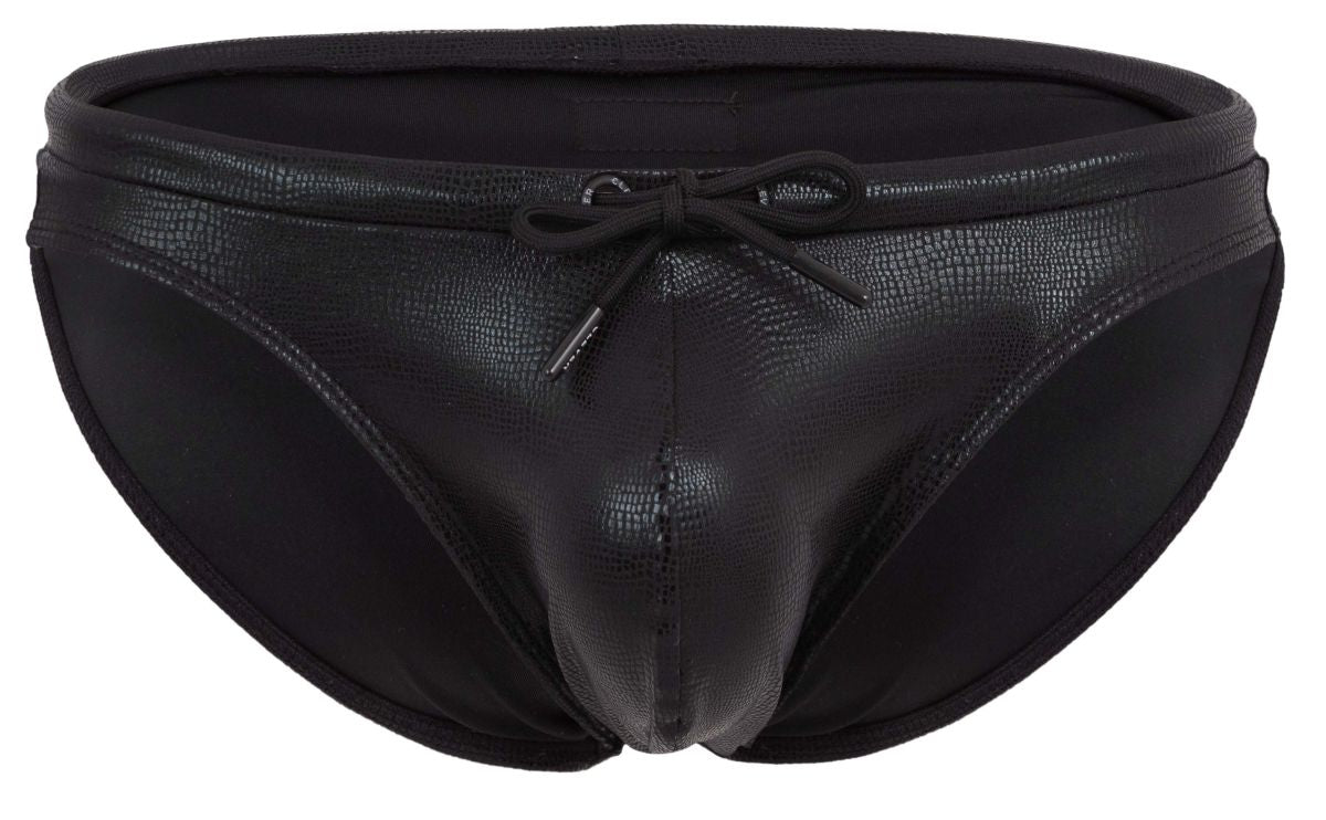 Black men’s Clever 2065 Gorgona swim briefs with reptile-skin texture and matching drawstring bow at the waist