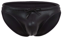 Black men’s Clever 2065 Gorgona swim briefs with reptile-skin texture and matching drawstring bow at the waist