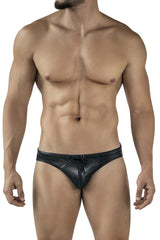 Black textured leather clever 2065 gorgona swim briefs with drawstring waistband for swimwear use