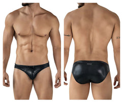 Black leather-textured Clever 2065 Gorgona swim briefs with a drawstring waistband for stylish swimwear use