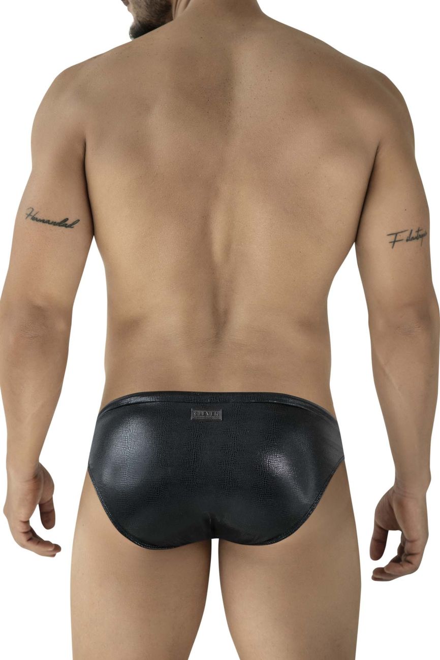 Black textured leather clever 2065 gorgona swim briefs with subtle sheen and small brand tag at the waistband