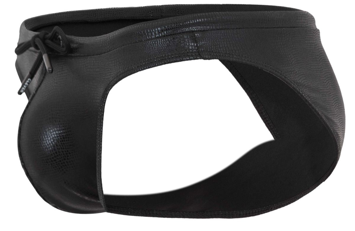 Black clever 2065 gorgona swim briefs in faux leather with textured glossy finish and adjustable drawstring closure