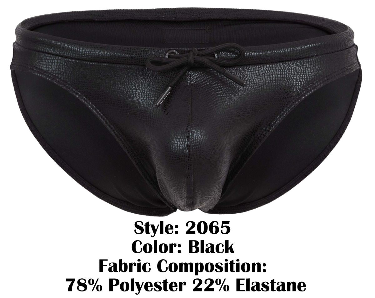 Black clever 2065 gorgona swim briefs with textured faux-leather finish and tied bow at the waistband