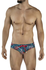 Men’s Clever 2066 Malpelo swim briefs in dark blue with red and teal tropical leaves and bright red drawstrings